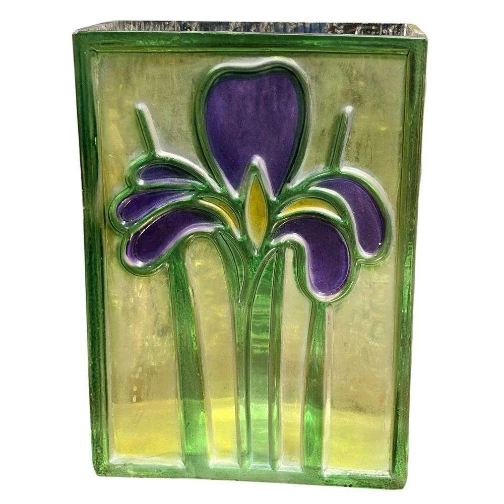 VTG FTDA Art Glass Vase 1985 Raised Relief Purple Iris Textured Bark Back 7 Inch